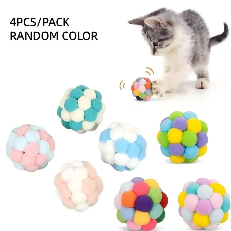 4PCS Cat Toy Balls, Soft Pom Pom Balls for Kittens, Colorful Soft Fuzzy Balls for Cats, Interactive Playing Chewing Toys for Indoor Cats and Kittens, Cute Kitten Kitty Toys, Soft Ball Design