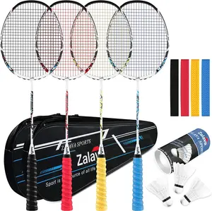 Professional Badminton Racquets Set - Lightweight Carbon Fiber Rackets - 4 Pack - Includes 3 Feather Shuttlecocks, 2 Protective Cases, and 4 Overgrips - Ideal for Beginners and Advanced Players