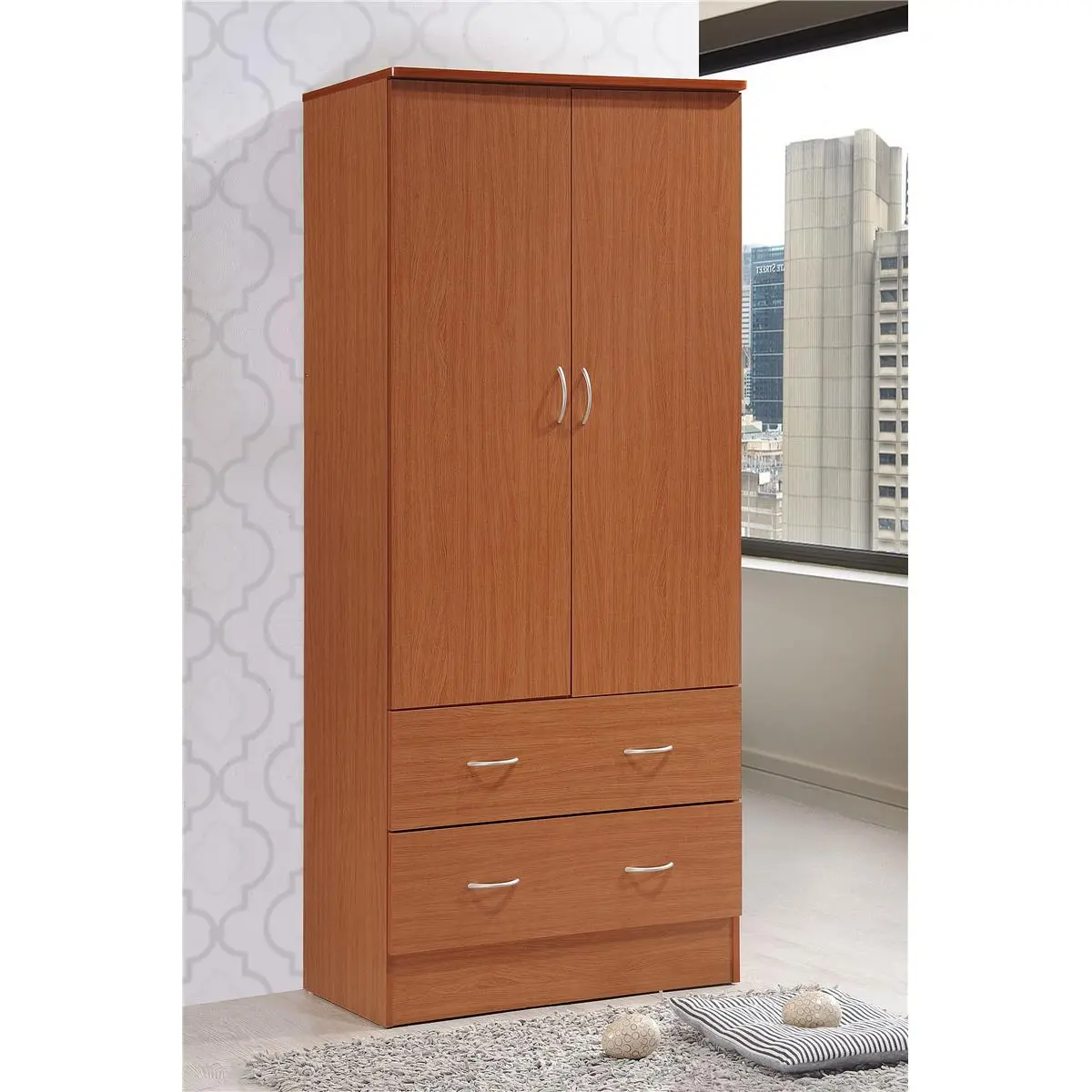 212 MAIN 2-Door Mirror Wardrobe, Cherry Finish Indoor Cupboard & Cabinet with Mirror Door