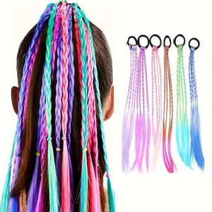6PCS Girls' Party Photo Hair Extensions - Colorful Braided Style (Pink/Purple/Blue/Green/Yellow), Durable & Comfortable, Wedding Accessory
