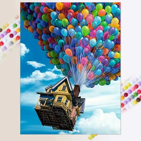 5D DIY Diamond Arts Colorful Painting Kit, House & Balloon Pattern Diamond Arts Crafts without Frame, Handmade Wall Art Decor for Home, DIY Kits