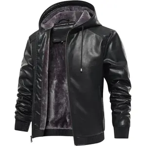 Men’s Faux Leather Jacket Fleece Padded Bomber Motorcycle Jacket with Hood