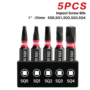 5 Pcs Wear and Impact-Resistant, Non-Slip, Magnetic Square Screwdriver Bits Set, 25mm (SQ0 SQ1 SQ2 SQ3 SQ4) with Black Base, Universal 1/4" Shank S2 Steel, Ideal for Handicrafts, Forestry Woodworking, Office and DIY Use