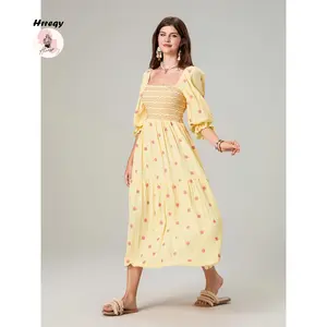 Women Long Dress, Long Sleeve Dress Square Neck Embroidery Flower Loose Swing Dress