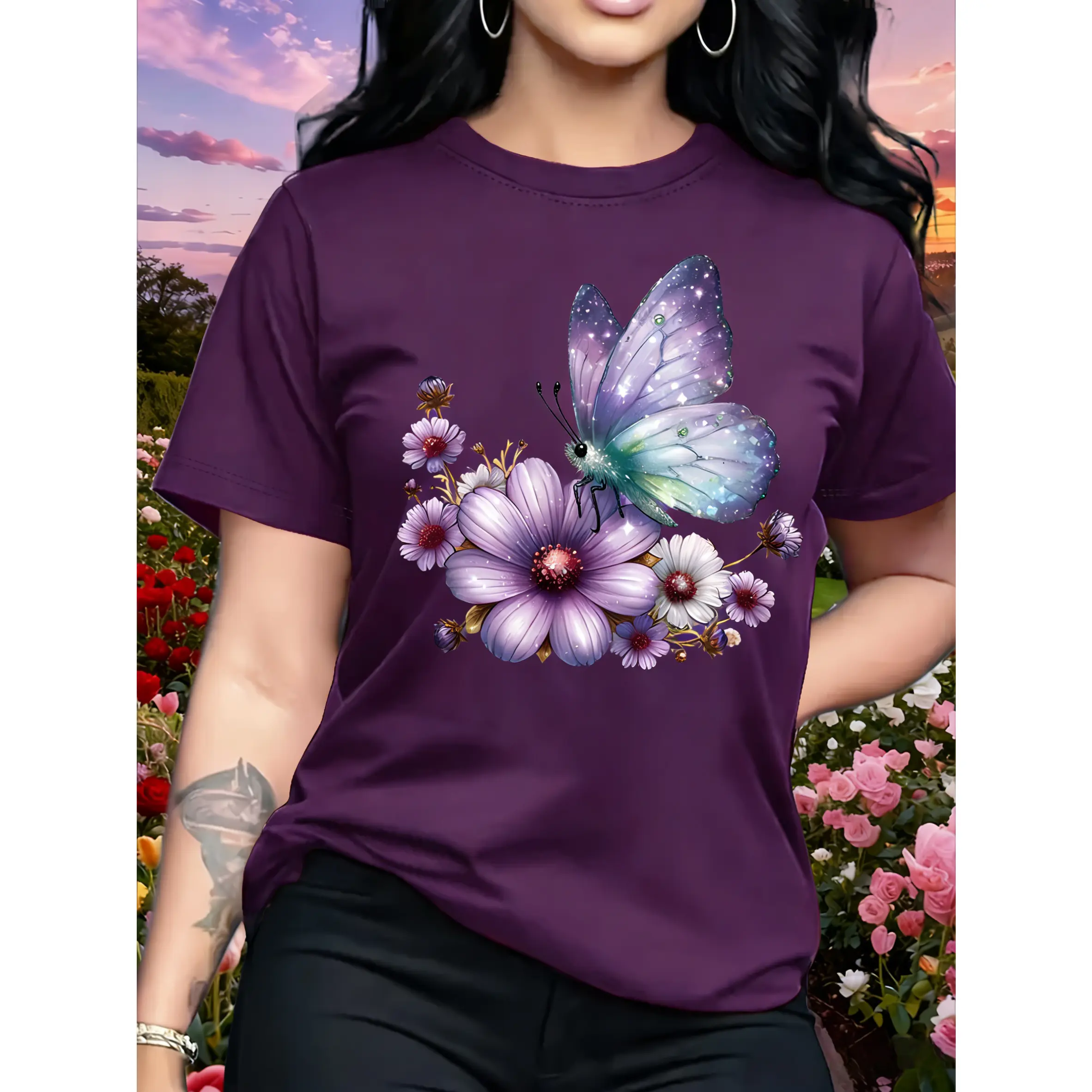 100% cotton T-shirt with dreamy butterfly flower print, short-sleeved, round-neck casual top for summer and spring, women's clothing, suitable for travel and vacation, birthday gift, gift for friends, gift for sisters