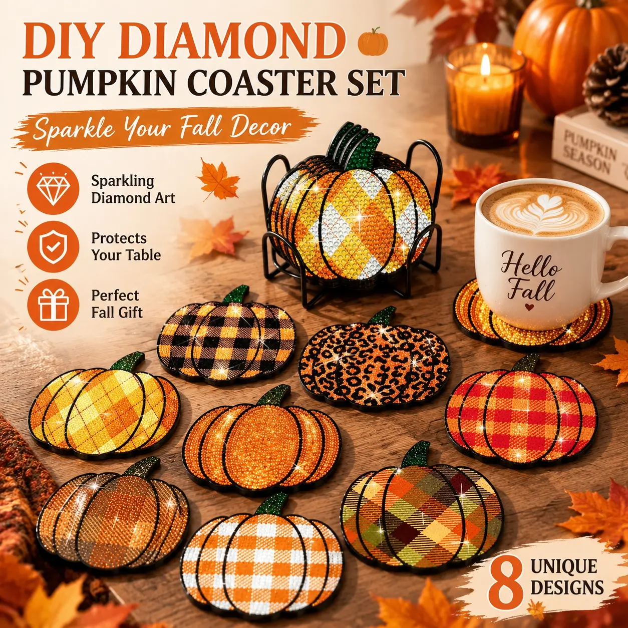 8Pcs Fall Pumpkin Diamond Art Coasters with Metal Holder, DIY Sparkling Rhinestone Cup Mats, Buffalo Plaid Leopard Argyle Fall Pumpkin Coasters, Fall Harvest Decor Rhinestone Drink Mats, Ideal Gift for Craft Lovers Coffee Bar Farmhouse Home-YY2