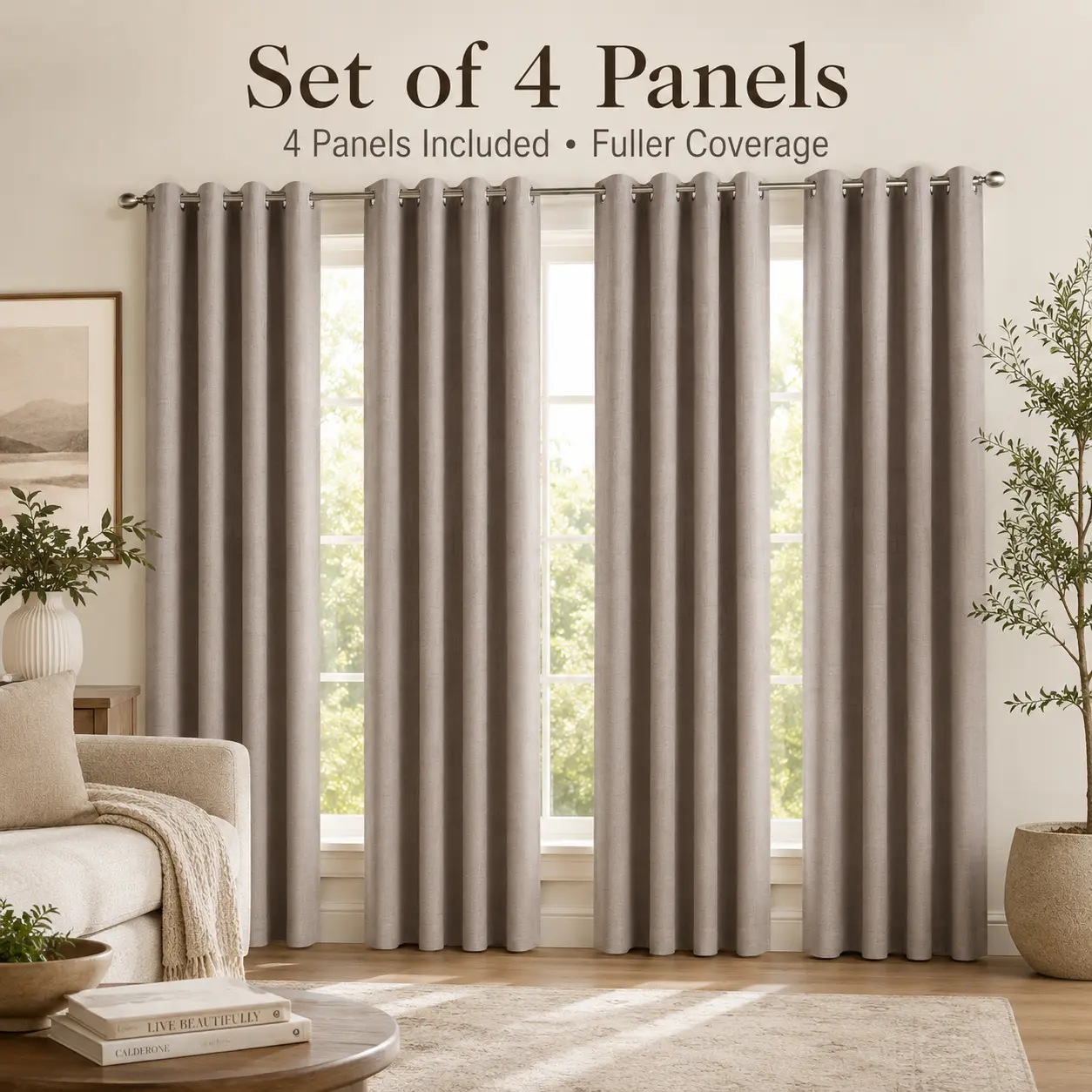 Blackout Curtains 4-Panel Set, 100% Blackout Linen-Look Drapes with White Backing and Silver Grommets, Bedroom & Living Room Window Curtains, Multiple Colors, 6 Sizes,back to school,dorm essentials,home decor,home essentials