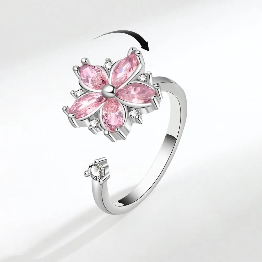 JEYFULL Spinner Worry Ring for Women - Silver Band, Flower-Butterfly Design, Pink Stones, Stress Relief Fashion Costume Jewelry Accessory, Rings For Women