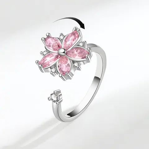 JEYFULL Women's Floral Butterfly Anxiety Ring - Silver Band with Pink Stones, Cute Butterfly Charm, Beautiful Floral Design Ring for Stress Relief Seekers, Fidgets for Anxiety Everyday Wear Jewelry