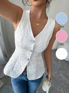 Women's Old Money Aesthetic Solid Pastel Floral Jacquard, V-Neck Pearl Button Tailored Fit, Dressy Waistcoat Top, Office Work Business Casual Date Wear