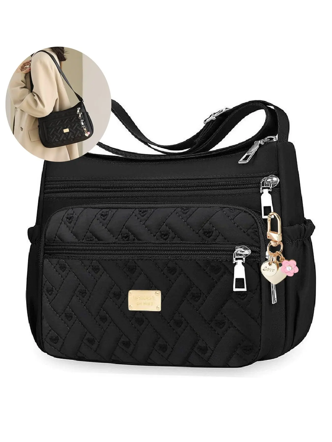 Women's Heart Embroidery Messenger Bag, Flower Pendant, Casual Fabric Crossbody Shoulder Bag for All Seasons, Fashionable Casual Bag