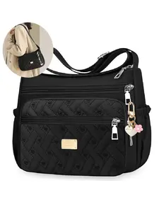 Women's Heart Embroidery Messenger Bag, Flower Pendant, Casual Fabric Crossbody Shoulder Bag, Quilted Crossbody Bags for All Seasons, Crossbody Purse, Fashionable Crossbody Bag