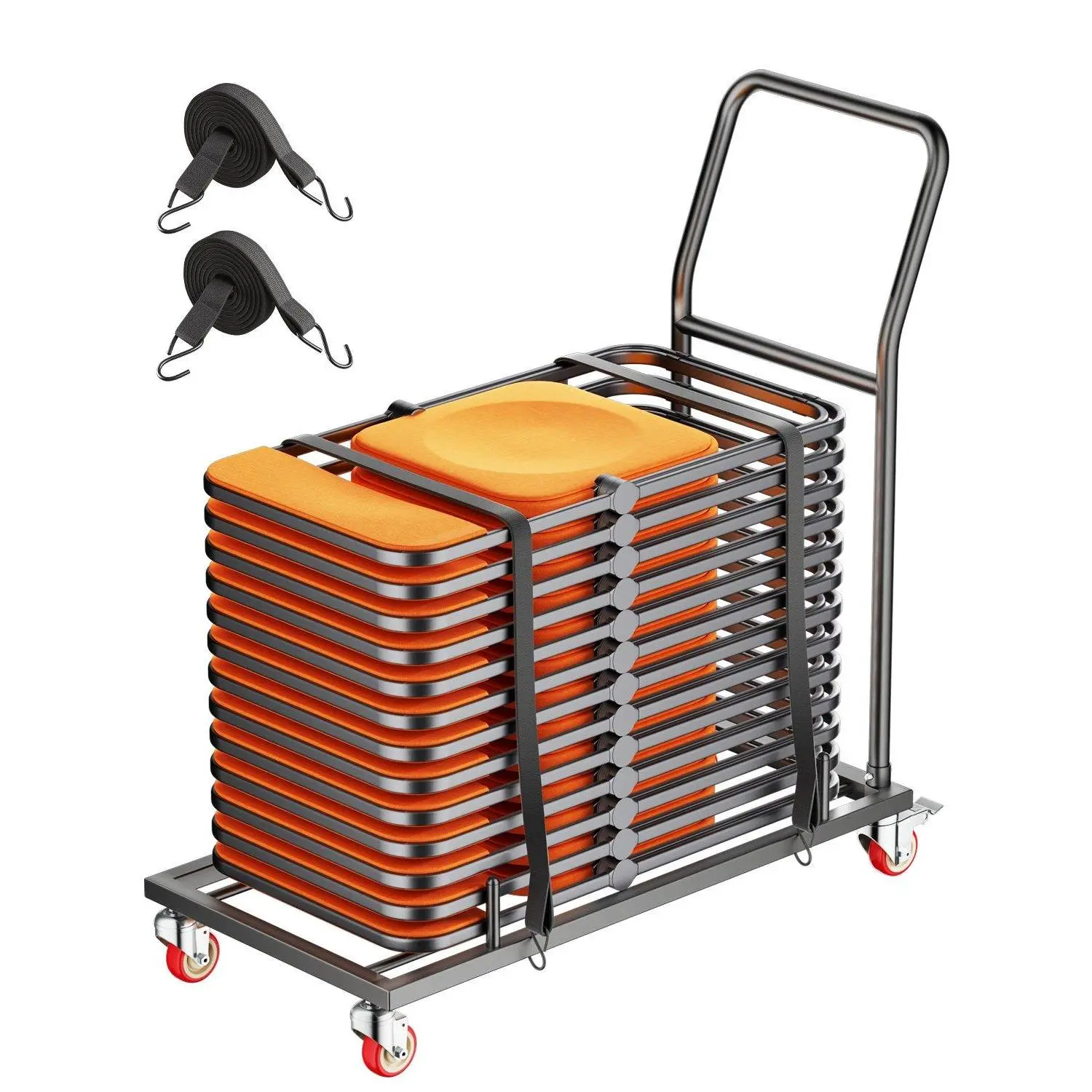 【Summerfinds】Collapsible Garden Cart Mobile Folding Trolley - 42.5x20x42.9in L-Shape Horizontal Rack, 25-Chair Hauler Capacity, 300 lbs Load, Elastic Cord, Enhanced Load-Bearing Rigidity, Full-Welding Wheel Technique, Camping Furniture for Outdoor Use, Fo