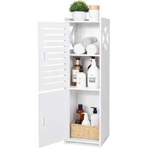Bathroom Floor Cabinet Freestanding Double Door 3-Tier Side Storage Organizer Cabinet Unit, Multipurpose Waterproof Small Storage Cabinet for Bathroom, Bedroom, Office, White