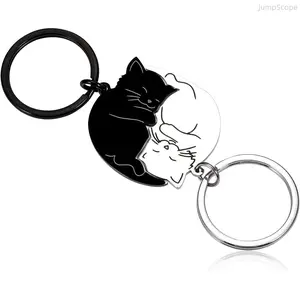 Cute Black & White Cat Couple Keychain, Matching Yin Yang Kitten Key Ring, Stainless Steel Cartoon Pet Key Holder for Cat Lovers