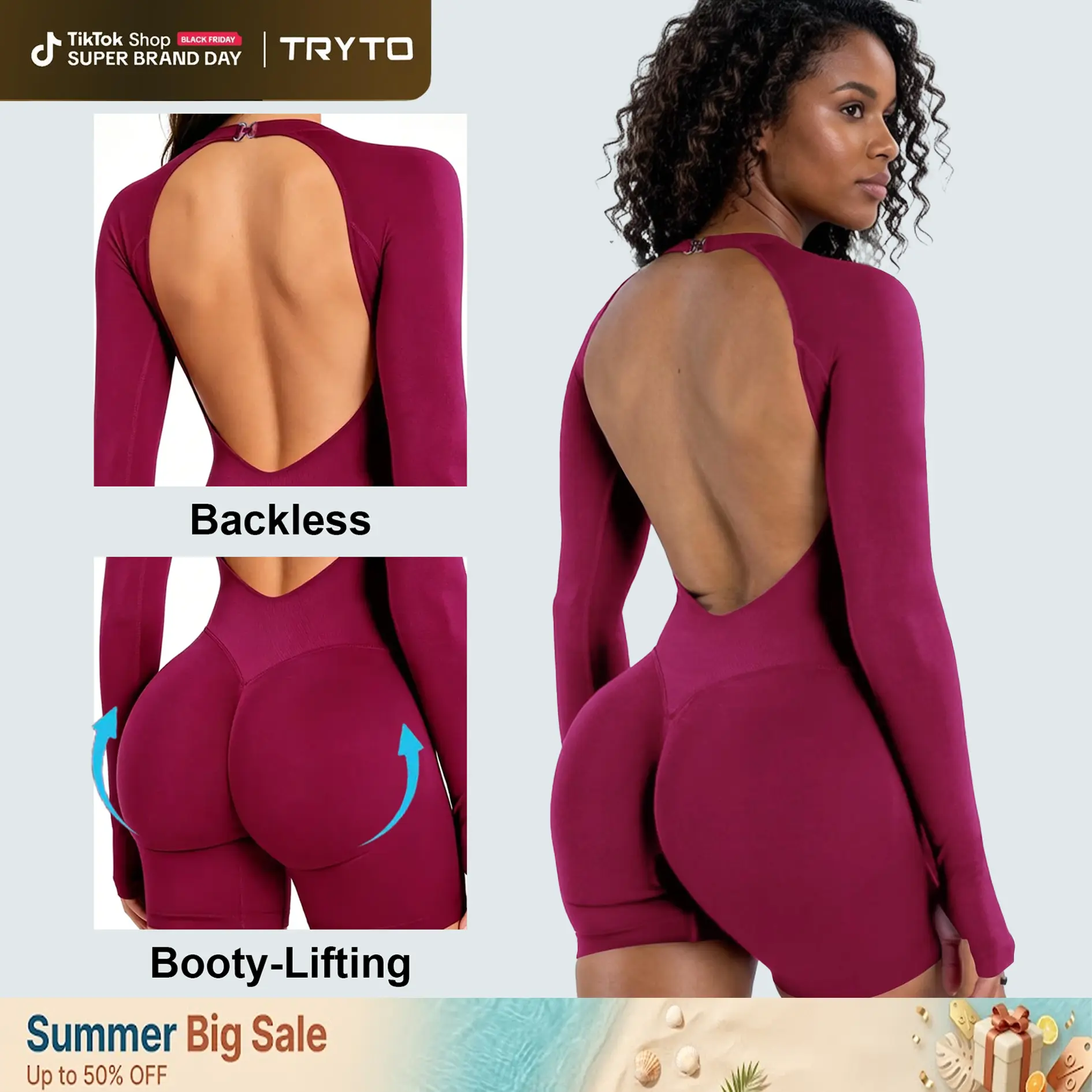 [SIZE UP 1] [STRONG COMPRESSED] TRYTO Impact Long Sleeve One Piece Unitard Fitness Gym Bralette Soft Workout Activewear