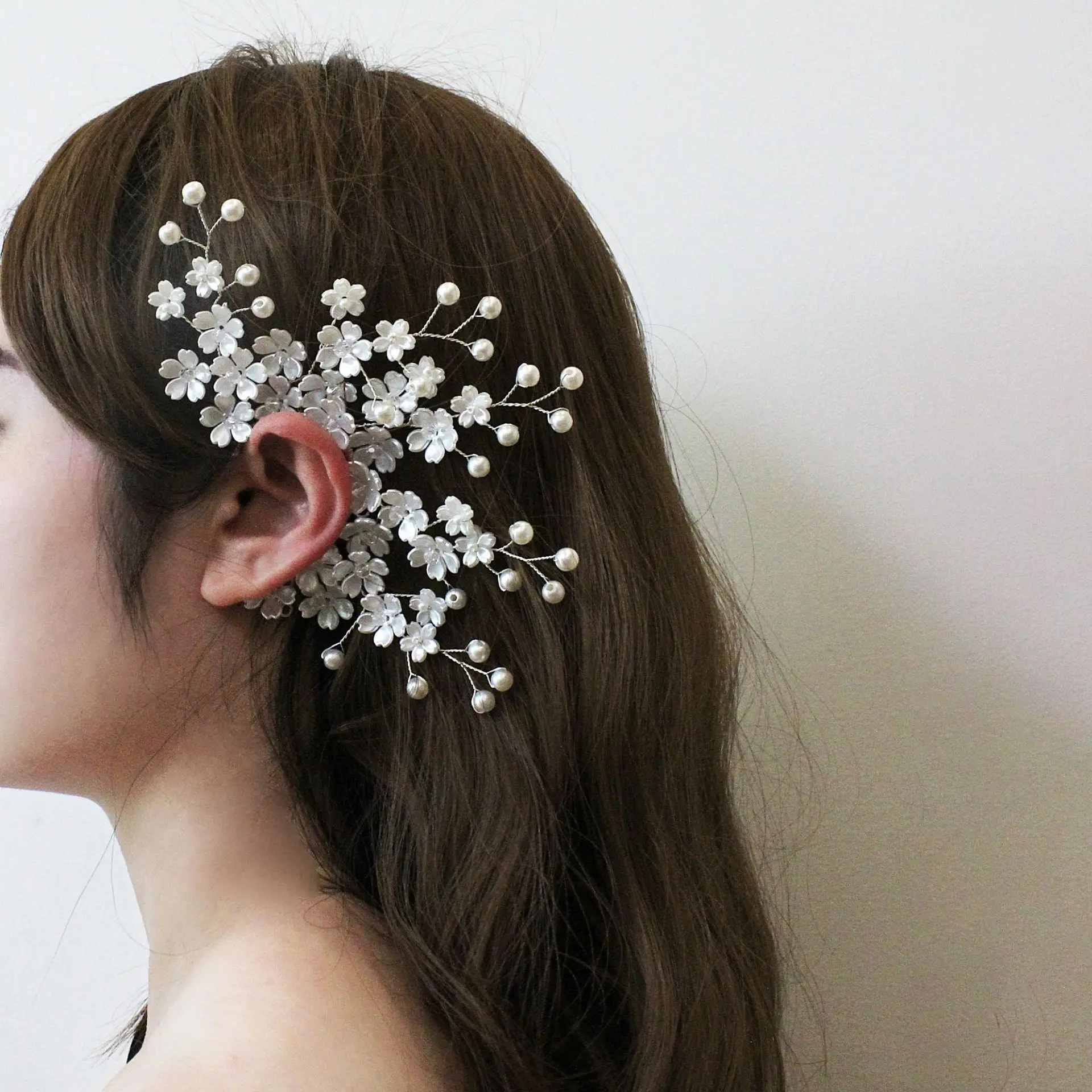 Girls Earrings High-end White Forest Style Elf Pearl Cherry Blossom Non-pierced Earrings Handmade Crystal Flower Ear Hooks