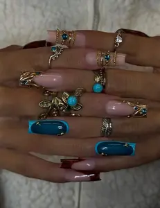 Blue Gemstone Press On Nails/Handmade Gel Nails In Long Square/Glue On Nails/False Nails/Birthday Holiday Date Night Nails | Wedding Nails