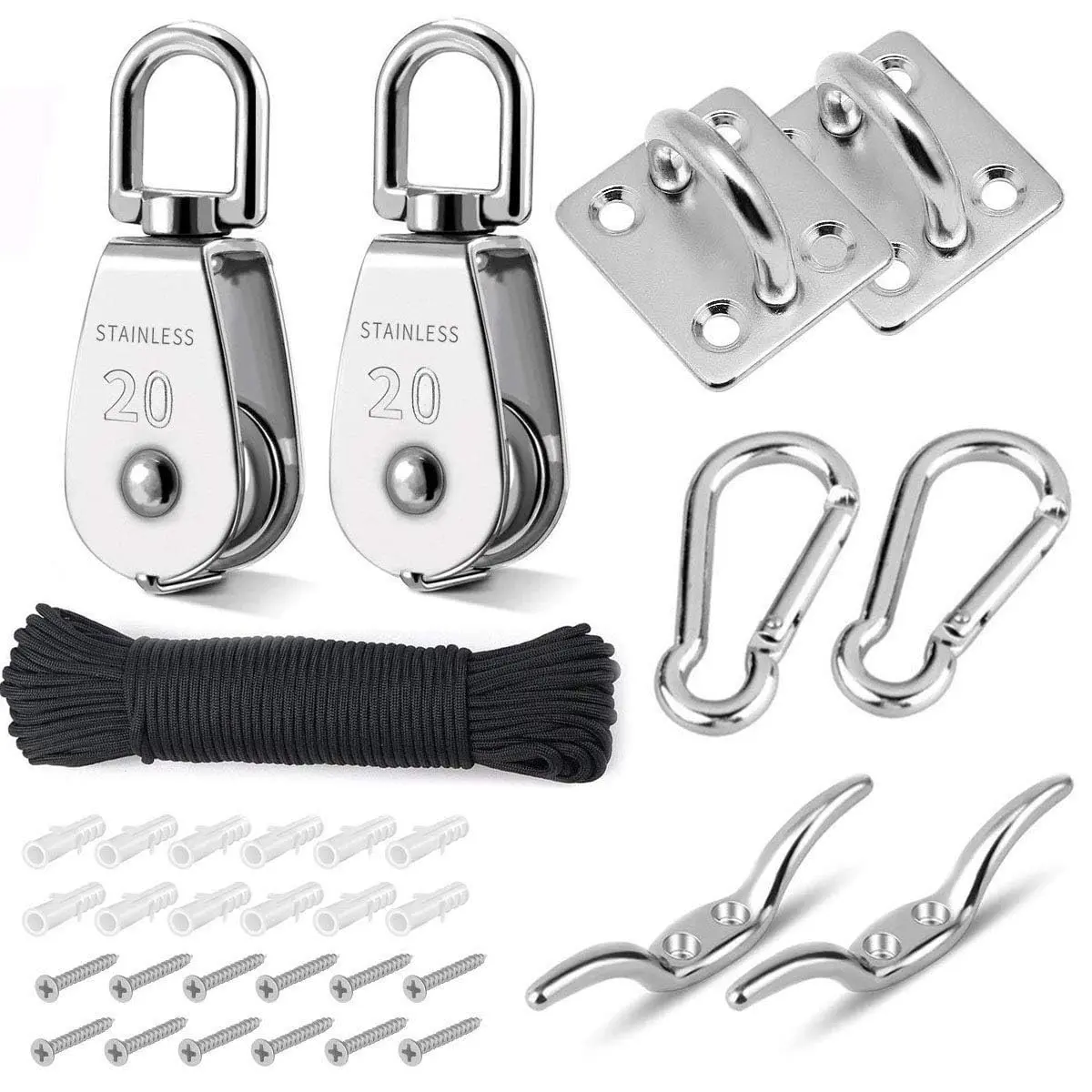 Pulley System Set, M20 Crane Pulleys for Lifting with Rope, 304 Stainless Steel Block and Tackle Pulley System, with Nylon Line Rope & Snap Hook,  Eye Pad Plate, Cleat Hooks