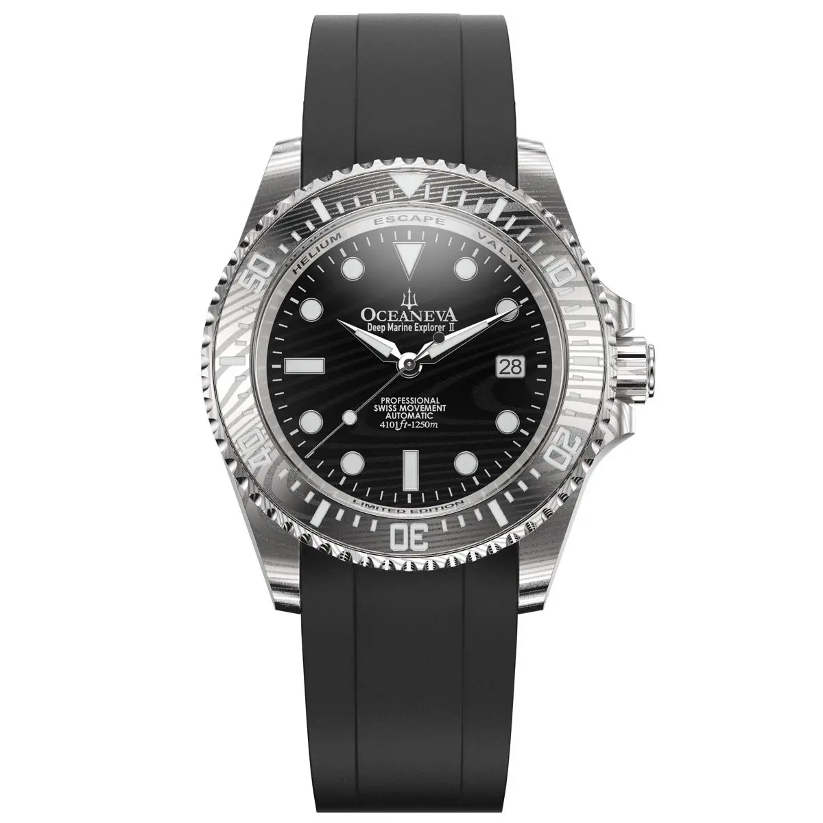 Oceaneva Men's Deep Marine Explorer II - 1250M Swiss Dive Watch with Black Damascus Steel Dial & FKM Rubber Band