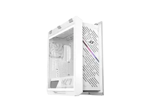 The ASUS ROG Strix Helios II White Edition is an EATX mid-tower gaming PC case featuring dual tempered glass panels and an aluminum diamond-grille design, four pre-installed fans for advanced cooling, and support for GPUs up to 450mm. It al