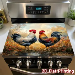 1pc, 2D Flat Printing, Two Majestic Roosters in Autumn Scene pattern Stove protection mat, polyester,Suitable for ovens, washing machines, mouse pads and kitchen decorations, bright kitchen accessories, 2D Flat