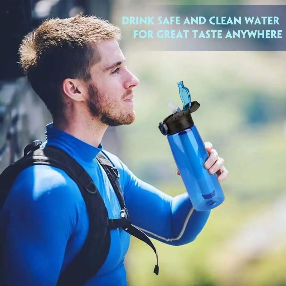 Water Filter Water Bottle with Lockable Cap, Portable Water Purifier for Travel, Hiking, Camping, Survival Equipment