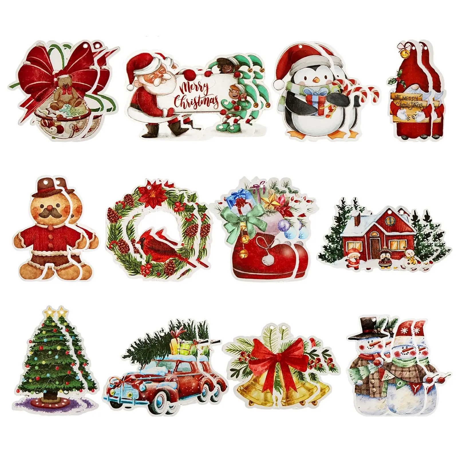 Vintage Christmas Ornament, 24pcs/set Wooden Hanging Decoration, Hanging Santa Claus Snowman Ornament for Winter Home Party Farmhouse