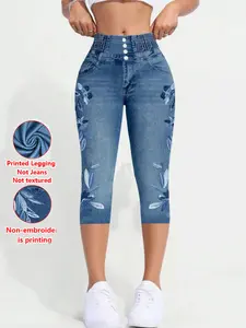 Women's Tight Fit Seven-Quarter Pants, Faux Denim Print, Slim-Fitting Casual Bottoms, All Season Wear, Comfortable and Stylish, Cropped