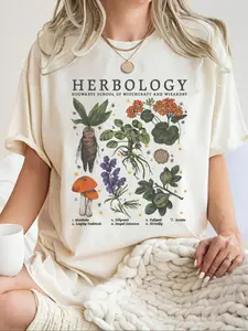 Women's Mushroom & Herb Print Round Neck Tee, Casual Short Sleeve Crew Neck T-shirt for Summer, Fashion Women's Top for Daily Wear, Casual Fit Comfy
