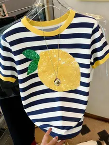 Summer New Design Lemon Patchwork T-Shirt for Women, Casual Blue Striped Colorblock Round Neck Short Sleeve Top, Fresh and Youthful Fashion