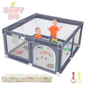 Baby Playpen with Anti-Slip Mat - Sturdy Safety Fence with Breathable Mesh, Portable Indoor&Outdoor Activity Center for Babies Toddlers with Safety Gate and 2 Pull Rings