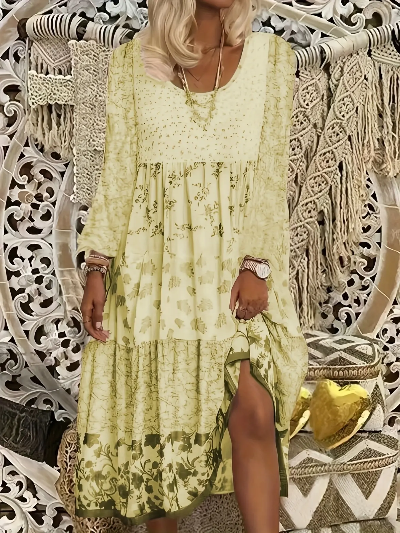Floral Print Long Sleeve Dress, Casual Boho Elegant Style, Casual Wear, Bohemian, Boho, Perfect for Going Out and Parties, Women's Fashionable Clothing, Womenswear, Comfortable and Stylish, Flower Print Dress