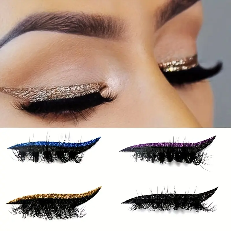 4 Pairs Glitter Self-Adhesive Eyeliner & False Eyelashes Set - Waterproof, Glue-Free, Suitable for Party and Stage Makeup Cosmetic