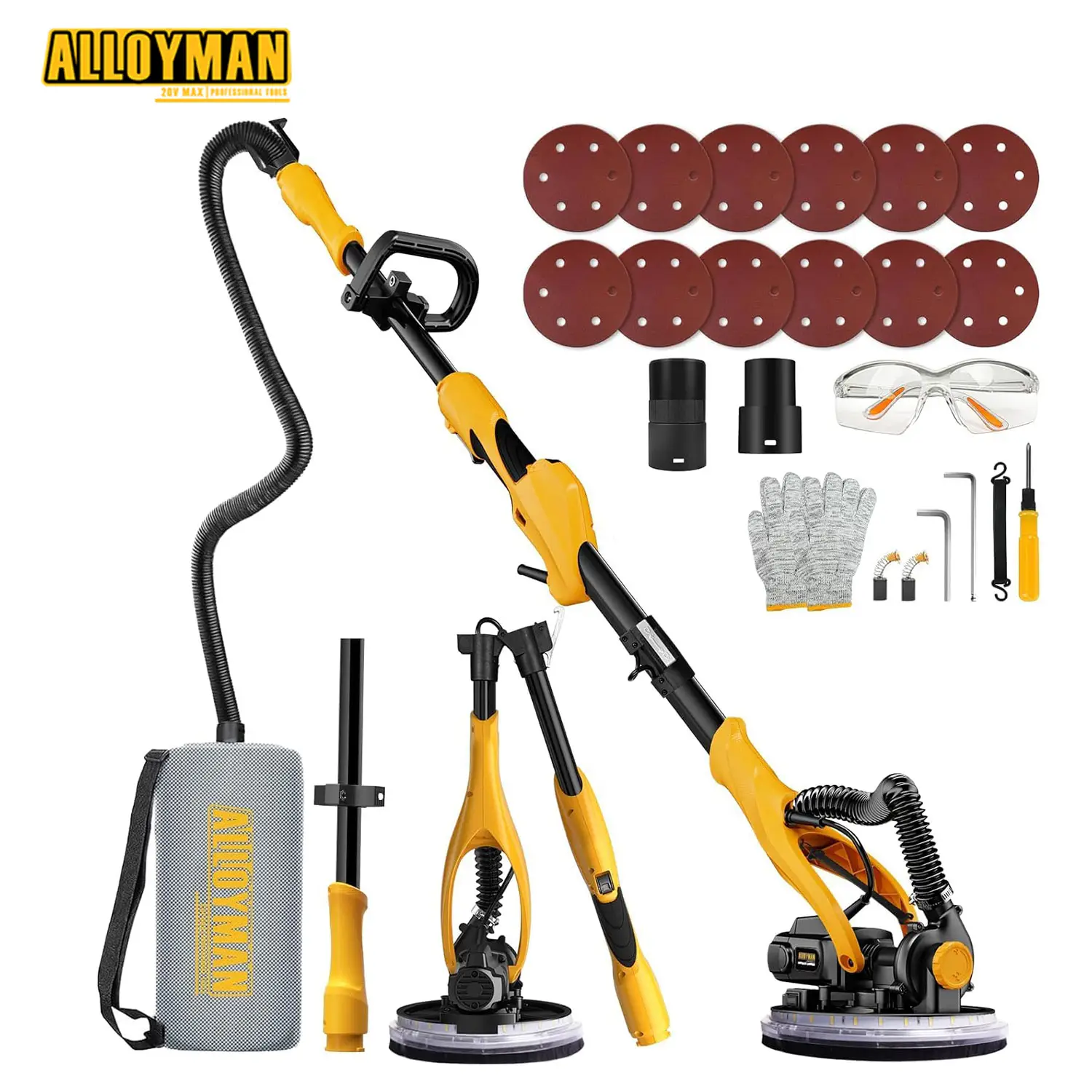 Alloyman Drywall Sander, 1050W Electric Drywall Sander with Vacuum Dust Collection, 2100RPM Wall Sander with 7 Variable Speed, Foldable & Extendable H