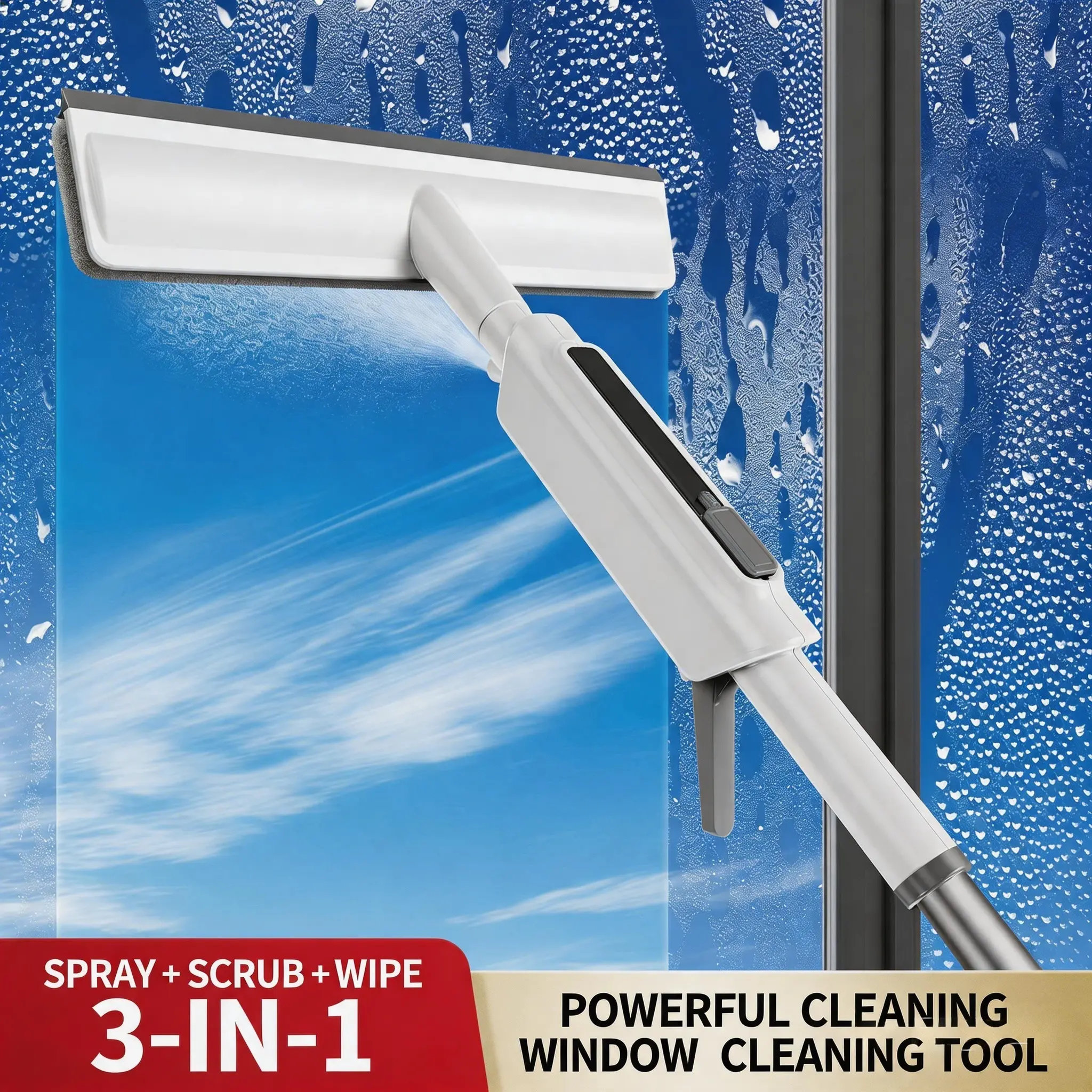 3-in-1 Glass Cleaning Kit with Built-in Spray, Squeegee, and Glass Scrubber—Silicone Scraper, and Water Spray Wand, Ergonomic, Easy-Grip Handle, 140 cm Extendable Pole - Cleaning Equipment for Home, Bathroom, and Car