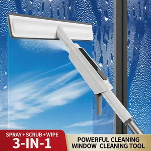 3-in-1 Glass Cleaning Kit with Built-in Spray, Squeegee, and Glass Scrubber—Silicone Scraper, and Water Spray Wand, Ergonomic, Easy-Grip Handle, 140 cm Extendable Pole - Cleaning Equipment for Home, Bathroom, and Car