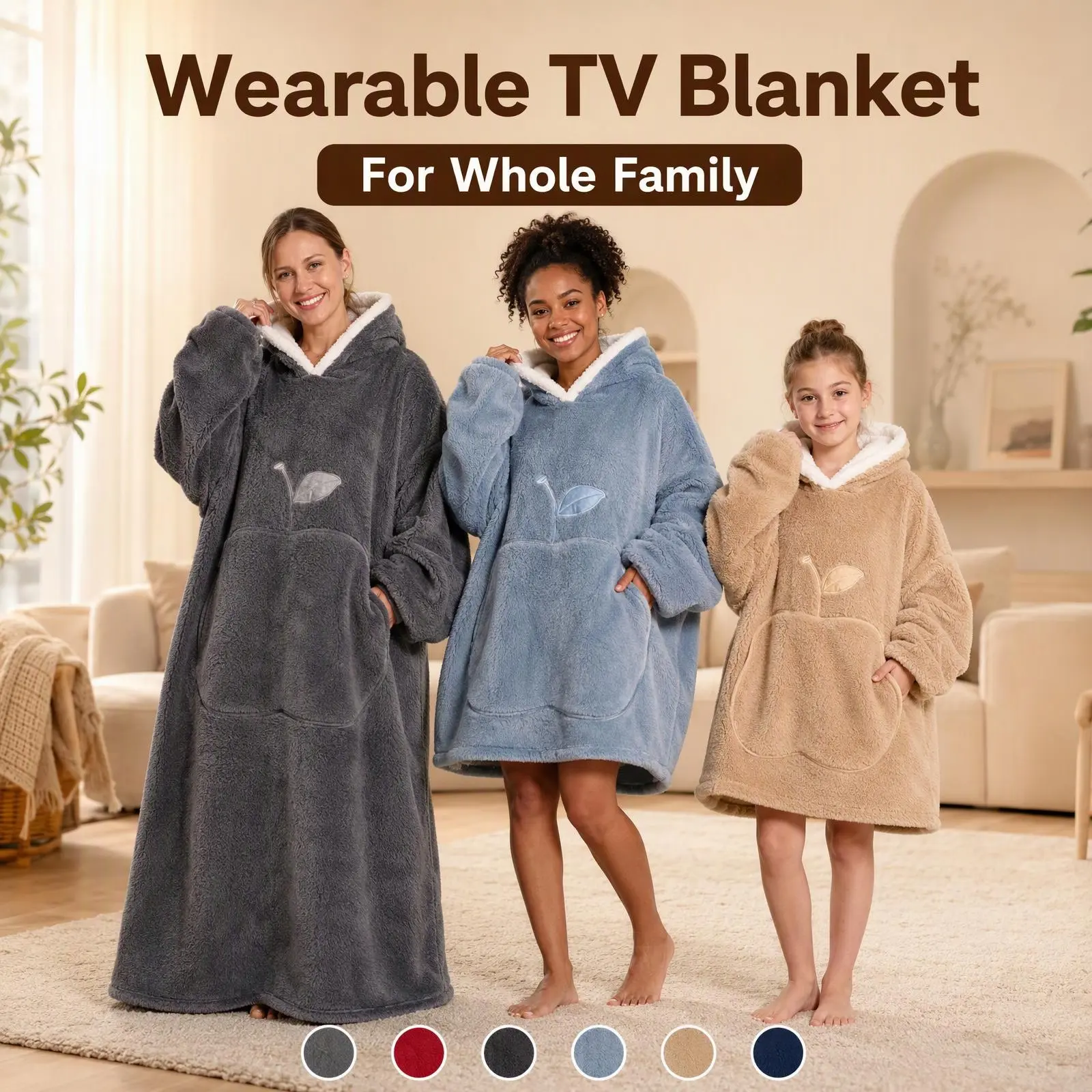 Hooded Blanket Robe for Women, Double Side Fleece with Fruit-Shaped Pocket, Ultra Soft Plush Full Body Warm Loungewear for Cozy Nights