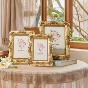Elegant European Style Rose Relief Photo Frame, Gold Plated Frame, 3D Floral Design Picture Display, Perfect for Home Decor & Photography Props, Decoration