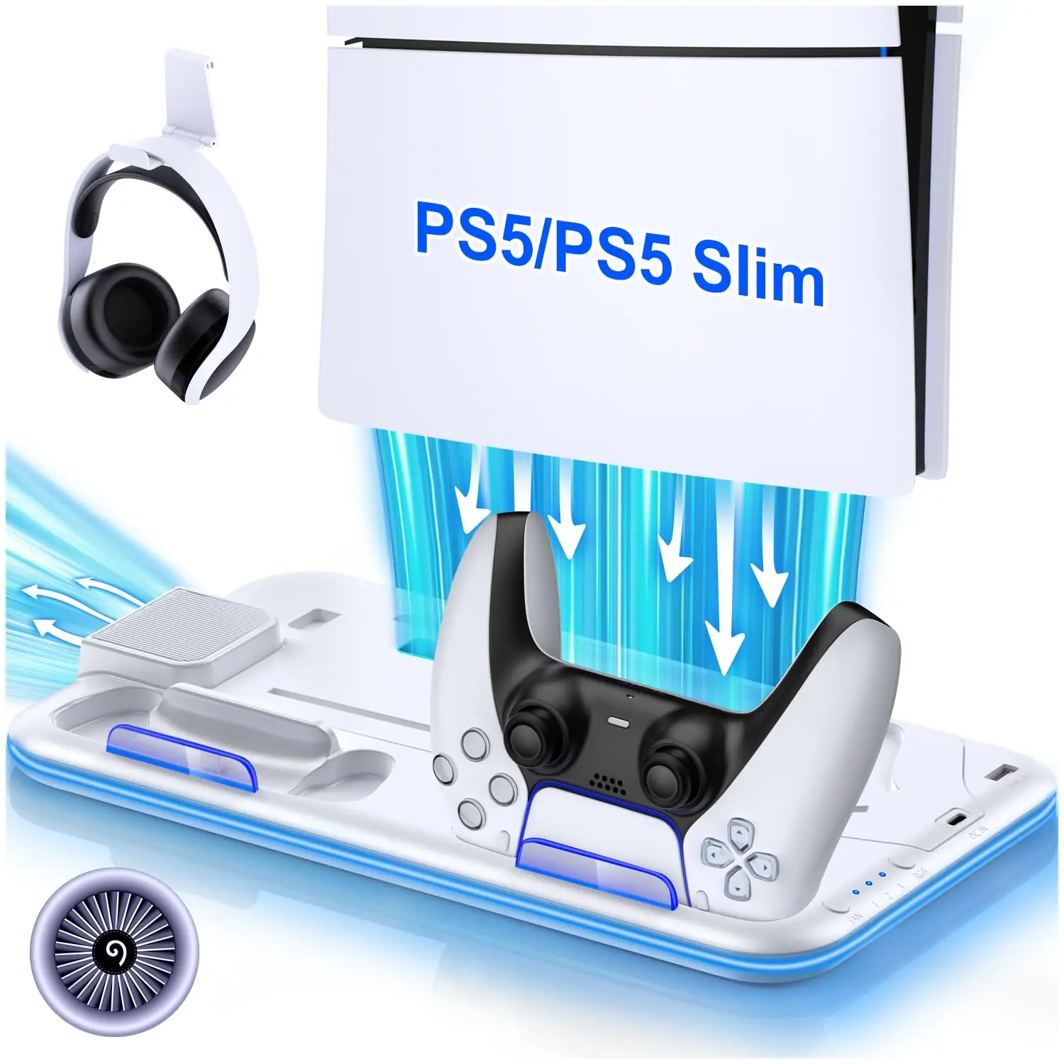 ESYWEN PS5 Stand, PS5 Cooling Station with Controller Charging Station for PS5/PS5 Slim Disc Digital Console, PS5/PS5 Slim Accessories-Cooling Fan, Headset Holder, 15 Game Slot for Playstation 5, White,back to school,back to school haul