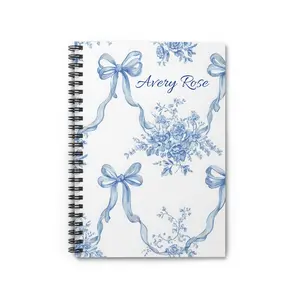 Elegant Personalized Floral Spiral Notebook - Ruled Lines, Aesthetic Journal, Gift for Writers, School Supplies, Blue Ribbon Design