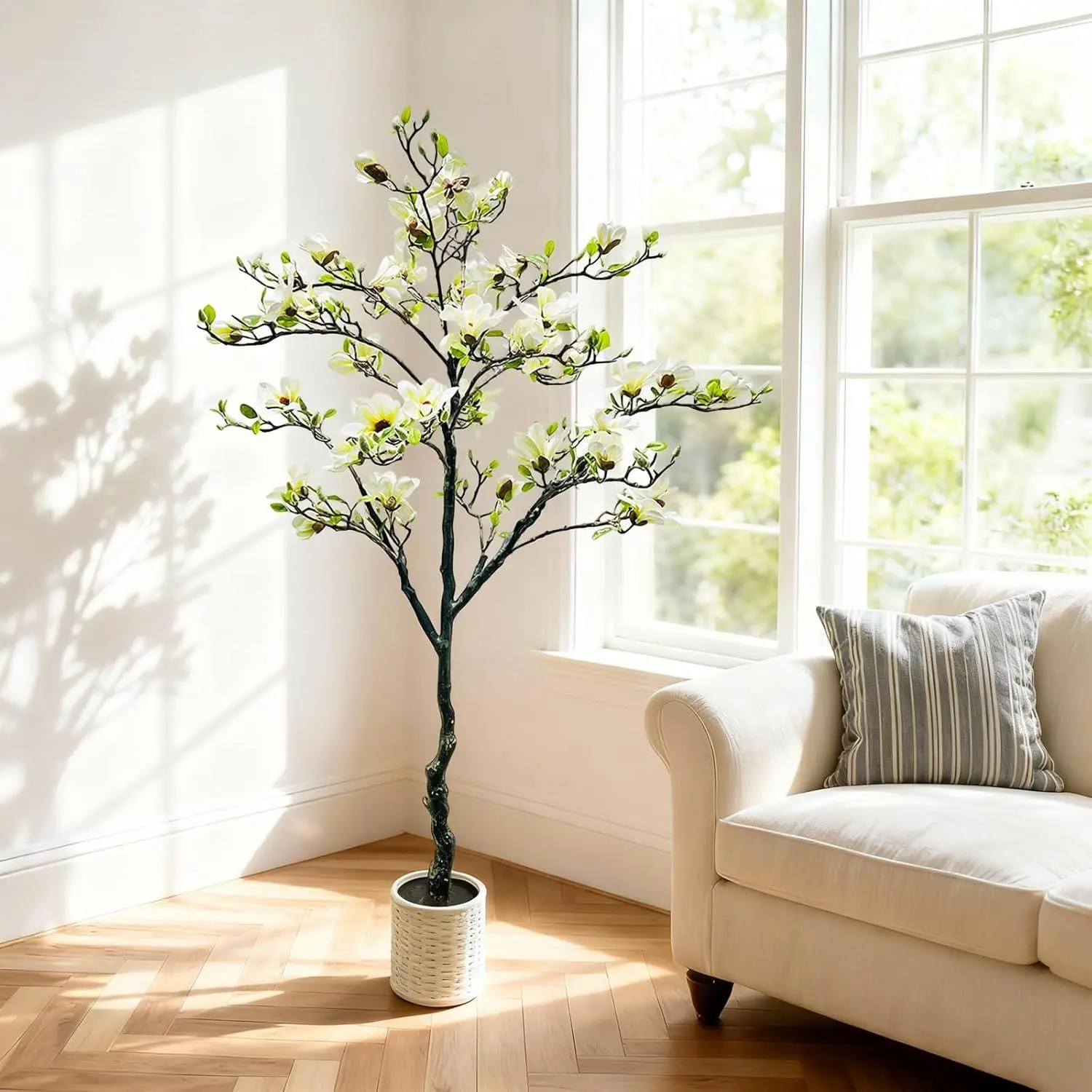 GARVEE 6FT Decorative Artificial Magnolia Tree in Pot, Realistic Flowering Faux Potted Plant for Indoor Use