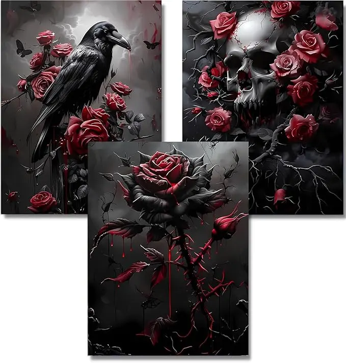 AIBOERL 1/2/3/6-Piece 5D Round Gems Diamond Painting Kit - Includes Pen, Art Tools, Adult DIY Crow Skull Craft, Waterproof Home Wall Decoration Needlework Set, Stress Reliever for Halloween, Graduations, Thanksgiving