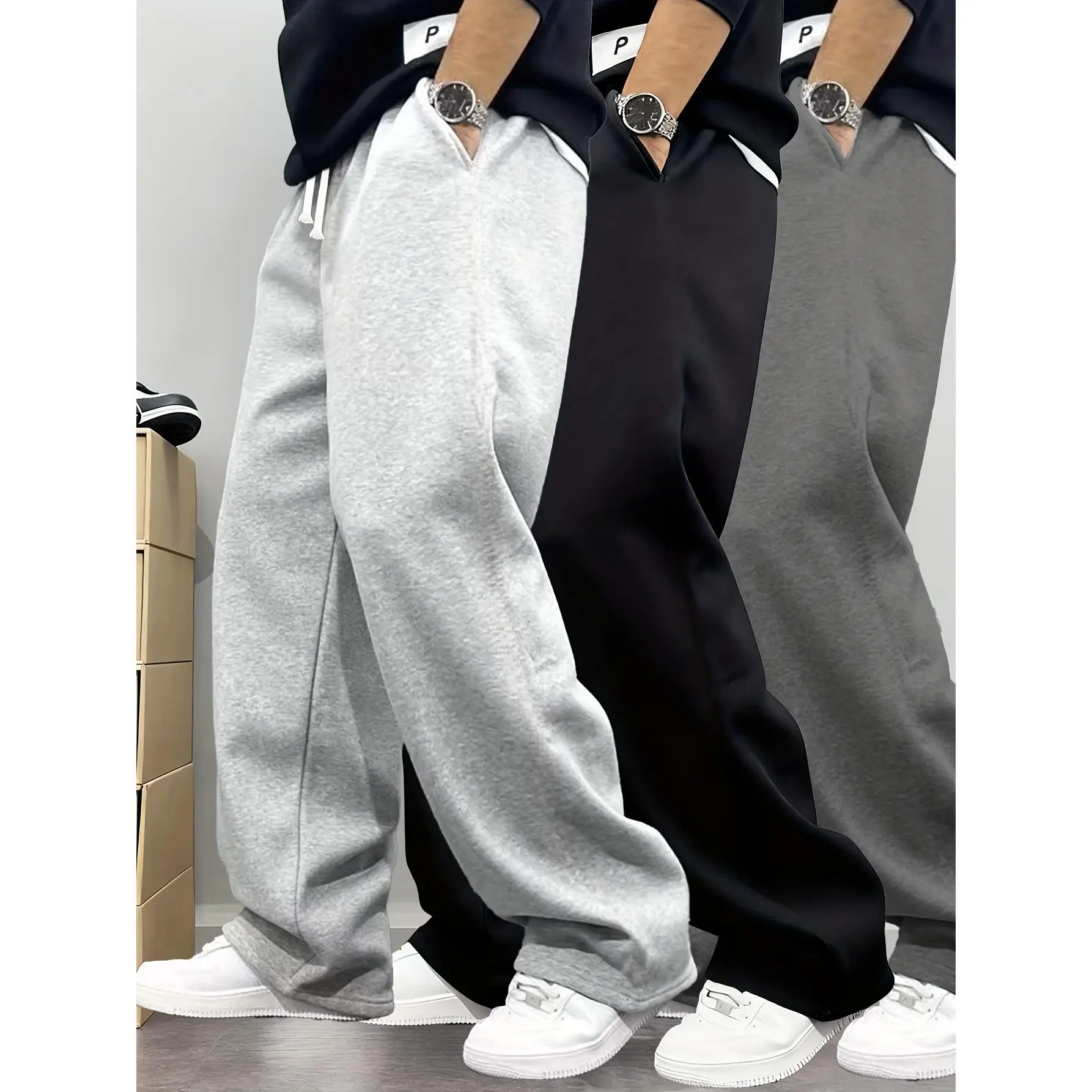 Men's 3-Pack Regular Full-Length Sporty Chic Casual Jogger Pants - Solid Polyester Sweatpants with Elastic Waist, Drawstring, Utility Pockets, Machine Washable for Autumn & Winter Fitness, Black+Dark Gray+Light Gray
