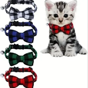 4Pcs Plaid Cat Collars with Bell and Bow, Adjustable 7.5-12 Inch Detachable Polyester Pet Collars, Safe Release Buckle Comfort Collar for Kittens and Small Dogs, Multi-Color Indoor Pet Accessories