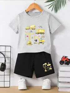 Boys' Cartoon Engineering Car Print Short Sleeve Set, Loose-Fit T-Shirt & Casual Shorts, Breathable Summer for Kids