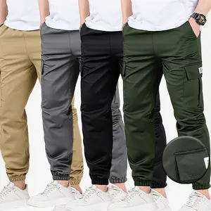 Spring and autumn model, 2-piece men's work pants with elastic ankles and multiple pockets.