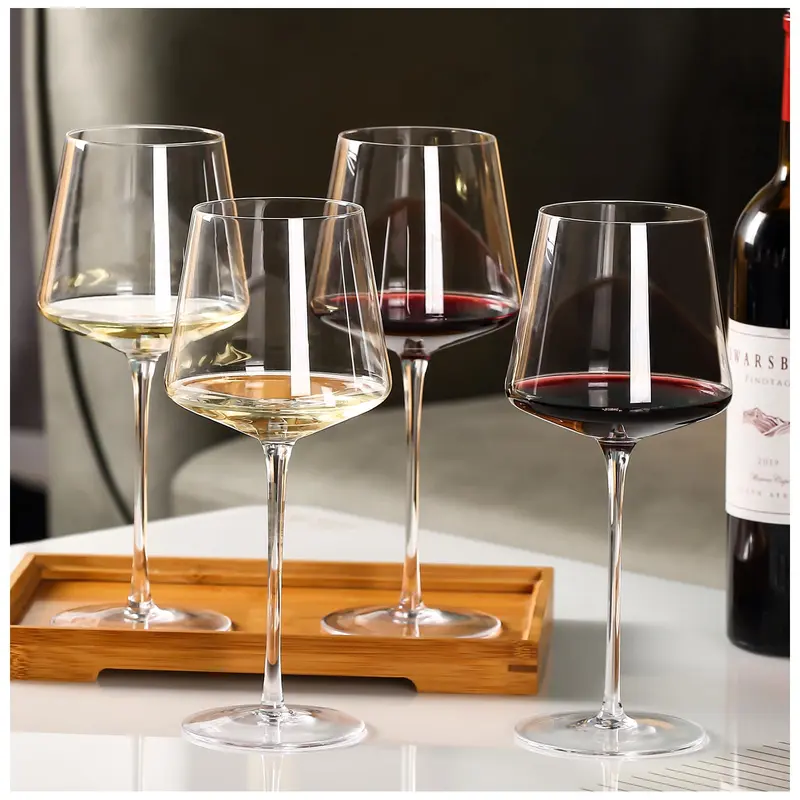 Physkoa Premium 4-Glass Set Ready Traditional 21oz Tall Long-Stem Hand-Blown Glassware, Flat Bottom, Crystal Construction, Dishwasher Safe, Elegant Design (Ideal for Burgundy)