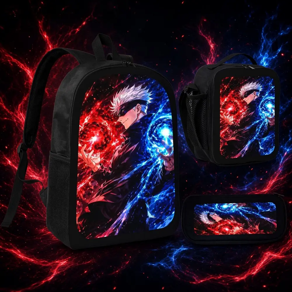 Jujutsu Kaisen 3Pcs Backpack Set,17 Inch Teen School Bookbag with Lunch Bag & Pencil Case, Satoru Gojo Anime Print Oxford Rucksack, Trendy Anime Fan Backpack Gift for Manga Enthusiasts
