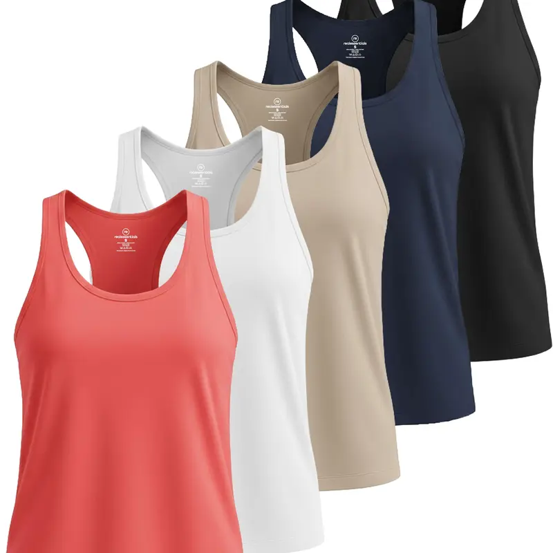 Real Essentials 5 Pack: Women's Dry Fit Tank Top - Racerback Sleeveless Workout Athletic Gym Shirt (Available in Plus)